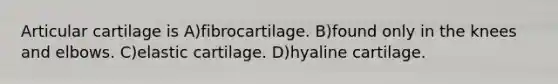 Articular cartilage is A)fibrocartilage. B)found only in the knees and elbows. C)elastic cartilage. D)hyaline cartilage.