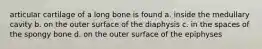 articular cartilage of a long bone is found a. inside the medullary cavity b. on the outer surface of the diaphysis c. in the spaces of the spongy bone d. on the outer surface of the epiphyses