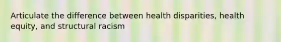 Articulate the difference between health disparities, health equity, and structural racism