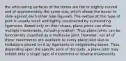 the articulating surfaces of the bones are flat or slightly curved and of approximately the same size, which allows the bones to slide against each other (see Figured). The motion at this type of joint is usually small and tightly constrained by surrounding ligaments. Based only on their shape, plane joints can allow multiple movements, including rotation. Thus plane joints can be functionally classified as a multiaxial joint. However, not all of these movements are available to every plane joint due to limitations placed on it by ligaments or neighboring bones. Thus, depending upon the specific joint of the body, a plane joint may exhibit only a single type of movement or several movements