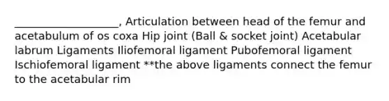 ___________________, Articulation between head of the femur and acetabulum of os coxa Hip joint (Ball & socket joint) Acetabular labrum Ligaments Iliofemoral ligament Pubofemoral ligament Ischiofemoral ligament **the above ligaments connect the femur to the acetabular rim