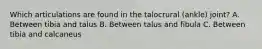 Which articulations are found in the talocrural (ankle) joint? A. Between tibia and talus B. Between talus and fibula C. Between tibia and calcaneus