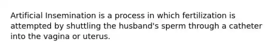 Artificial Insemination is a process in which fertilization is attempted by shuttling the husband's sperm through a catheter into the vagina or uterus.