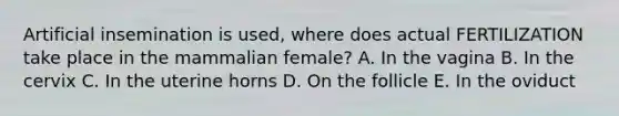 Artificial insemination is used, where does actual FERTILIZATION take place in the mammalian female? A. In the vagina B. In the cervix C. In the uterine horns D. On the follicle E. In the oviduct