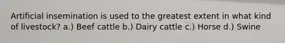 Artificial insemination is used to the greatest extent in what kind of livestock? a.) Beef cattle b.) Dairy cattle c.) Horse d.) Swine