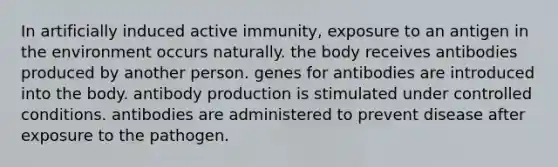 In artificially induced active immunity, exposure to an antigen in the environment occurs naturally. the body receives antibodies produced by another person. genes for antibodies are introduced into the body. antibody production is stimulated under controlled conditions. antibodies are administered to prevent disease after exposure to the pathogen.