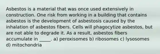 Asbestos is a material that was once used extensively in construction. One risk from working in a building that contains asbestos is the development of asbestosis caused by the inhalation of asbestos fibers. Cells will phagocytize asbestos, but are not able to degrade it. As a result, asbestos fibers accumulate in _____. a) peroxisomes b) ribosomes c) lysosomes d) mitochondria