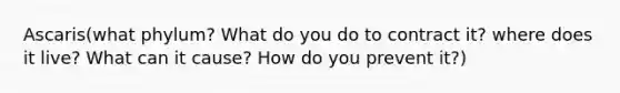 Ascaris(what phylum? What do you do to contract it? where does it live? What can it cause? How do you prevent it?)