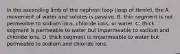 In the ascending limb of the nephron loop (loop of Henle), the A. movement of water and solutes is passive. B. thin segment is not permeable to sodium ions, chloride ions, or water. C. thick segment is permeable to water but impermeable to sodium and chloride ions. D. thick segment is impermeable to water but permeable to sodium and chloride ions.