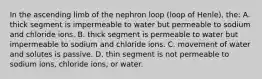 In the ascending limb of the nephron loop (loop of Henle), the: A. thick segment is impermeable to water but permeable to sodium and chloride ions. B. thick segment is permeable to water but impermeable to sodium and chloride ions. C. movement of water and solutes is passive. D. thin segment is not permeable to sodium ions, chloride ions, or water.