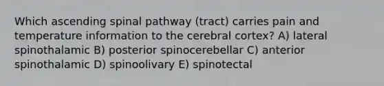 Which ascending spinal pathway (tract) carries pain and temperature information to the cerebral cortex? A) lateral spinothalamic B) posterior spinocerebellar C) anterior spinothalamic D) spinoolivary E) spinotectal