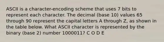 ASCII is a character-encoding scheme that uses 7 bits to represent each character. The decimal (base 10) values 65 through 90 represent the capital letters A through Z, as shown in the table below. What ASCII character is represented by the binary (base 2) number 1000011? C O D E