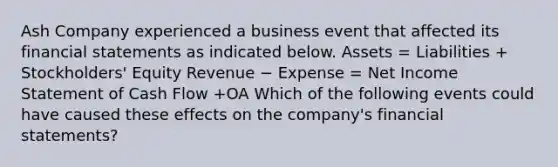 Ash Company experienced a business event that affected its financial statements as indicated below. Assets = Liabilities + Stockholders' Equity Revenue − Expense = Net Income Statement of Cash Flow +OA Which of the following events could have caused these effects on the company's financial statements?