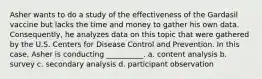 Asher wants to do a study of the effectiveness of the Gardasil vaccine but lacks the time and money to gather his own data. Consequently, he analyzes data on this topic that were gathered by the U.S. Centers for Disease Control and Prevention. In this case, Asher is conducting __________. a. content analysis b. survey c. secondary analysis d. participant observation