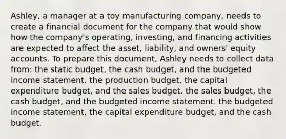 Ashley, a manager at a toy manufacturing company, needs to create a financial document for the company that would show how the company's operating, investing, and financing activities are expected to affect the asset, liability, and owners' equity accounts. To prepare this document, Ashley needs to collect data from: the static budget, the cash budget, and the budgeted income statement. the production budget, the capital expenditure budget, and the sales budget. the sales budget, the cash budget, and the budgeted income statement. the budgeted income statement, the capital expenditure budget, and the cash budget.