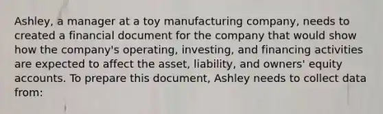 Ashley, a manager at a toy manufacturing company, needs to created a financial document for the company that would show how the company's operating, investing, and financing activities are expected to affect the asset, liability, and owners' equity accounts. To prepare this document, Ashley needs to collect data from: