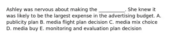 Ashley was nervous about making the ___________. She knew it was likely to be the largest expense in the advertising budget. A. publicity plan B. media flight plan decision C. media mix choice D. media buy E. monitoring and evaluation plan decision