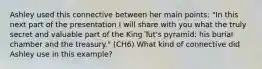 Ashley used this connective between her main points: "In this next part of the presentation I will share with you what the truly secret and valuable part of the King Tut's pyramid: his burial chamber and the treasury." (CH6) What kind of connective did Ashley use in this example?