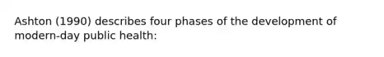 Ashton (1990) describes four phases of the development of modern-day public health: