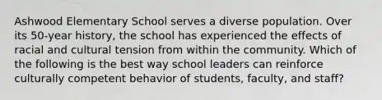 Ashwood Elementary School serves a diverse population. Over its 50-year history, the school has experienced the effects of racial and cultural tension from within the community. Which of the following is the best way school leaders can reinforce culturally competent behavior of students, faculty, and staff?