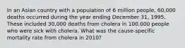 In an Asian country with a population of 6 million people, 60,000 deaths occurred during the year ending December 31, 1995. These included 30,000 deaths from cholera in 100,000 people who were sick with cholera. What was the cause-specific mortality rate from cholera in 2010?