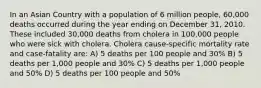 In an Asian Country with a population of 6 million people, 60,000 deaths occurred during the year ending on December 31, 2010. These included 30,000 deaths from cholera in 100,000 people who were sick with cholera. Cholera cause-specific mortality rate and case-fatality are: A) 5 deaths per 100 people and 30% B) 5 deaths per 1,000 people and 30% C) 5 deaths per 1,000 people and 50% D) 5 deaths per 100 people and 50%