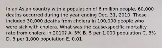 In an Asian country with a population of 6 million people, 60,000 deaths occurred during the year ending Dec. 31, 2010. These included 30,000 deaths from cholera in 100,000 people who were sick with cholera. What was the cause-specific mortality rate from cholera in 2010? A. 5% B. 5 per 1,000 population C. 3% D. 3 per 1,000 population E. 0.01