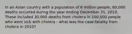 In an Asian country with a population of 6 million people, 60,000 deaths occurred during the year ending December 31, 2010. These included 30,000 deaths from cholera in 100,000 people who were sick with cholera - what was the case-fatality from cholera in 2010?