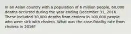 In an Asian country with a population of 6 million people, 60,000 deaths occurred during the year ending December 31, 2016. These included 30,000 deaths from cholera in 100,000 people who were sick with cholera. What was the case-fatality rate from cholera in 2016?