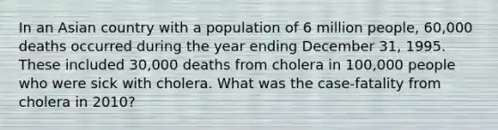 In an Asian country with a population of 6 million people, 60,000 deaths occurred during the year ending December 31, 1995. These included 30,000 deaths from cholera in 100,000 people who were sick with cholera. What was the case-fatality from cholera in 2010?