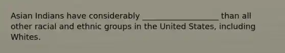 Asian Indians have considerably ___________________ than all other racial and ethnic groups in the United States, including Whites.