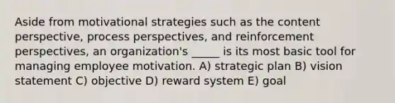 Aside from motivational strategies such as the content perspective, process perspectives, and reinforcement perspectives, an organization's _____ is its most basic tool for managing employee motivation. A) strategic plan B) vision statement C) objective D) reward system E) goal