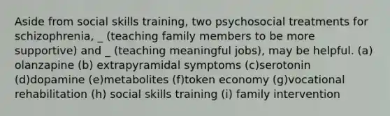 Aside from social skills training, two psychosocial treatments for schizophrenia, _ (teaching family members to be more supportive) and _ (teaching meaningful jobs), may be helpful. (a) olanzapine (b) extrapyramidal symptoms (c)serotonin (d)dopamine (e)metabolites (f)token economy (g)vocational rehabilitation (h) social skills training (i) family intervention