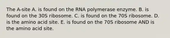 The A-site A. is found on the RNA polymerase enzyme. B. is found on the 30S ribosome. C. is found on the 70S ribosome. D. is the amino acid site. E. is found on the 70S ribosome AND is the amino acid site.