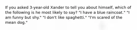 If you asked 3-year-old Xander to tell you about himself, which of the following is he most likely to say? "I have a blue raincoat." "I am funny but shy." "I don't like spaghetti." "I'm scared of the mean dog."