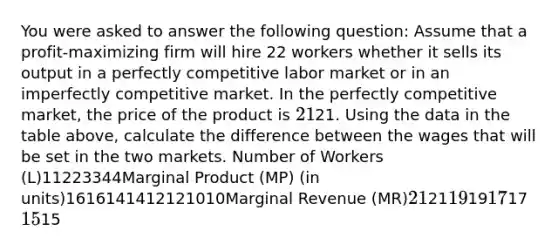 You were asked to answer the following question: Assume that a profit-maximizing firm will hire 22 workers whether it sells its output in a perfectly competitive labor market or in an imperfectly competitive market. In the perfectly competitive market, the price of the product is 21⁢21. Using the data in the table above, calculate the difference between the wages that will be set in the two markets. Number of Workers (L)11223344Marginal Product (MP) (in units)1616141412121010Marginal Revenue (MR)21⁢2119⁢1917⁢1715⁢15