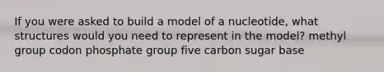 If you were asked to build a model of a nucleotide, what structures would you need to represent in the model? methyl group codon phosphate group five carbon sugar base