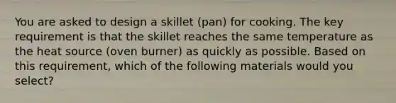 You are asked to design a skillet (pan) for cooking. The key requirement is that the skillet reaches the same temperature as the heat source (oven burner) as quickly as possible. Based on this requirement, which of the following materials would you select?