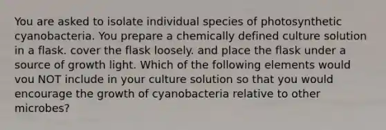 You are asked to isolate individual species of photosynthetic cyanobacteria. You prepare a chemically defined culture solution in a flask. cover the flask loosely. and place the flask under a source of growth light. Which of the following elements would vou NOT include in your culture solution so that you would encourage the growth of cyanobacteria relative to other microbes?