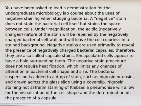 You have been asked to lead a demonstration for the undergraduate microbiology lab course about the uses of negative staining when studying bacteria. A "negative" stain does not stain the bacterial cell itself but stains the space between cells. Under magnification, the acidic (negatively charged) nature of the stain will be repelled by the negatively charged bacterial cell wall and will leave the cell colorless in a stained background. Negative stains are used primarily to reveal the presence of negatively charged bacterial capsules; therefore, they are also called capsule stains. Encapsulated cells appear to have a halo surrounding them. The negative stain procedure does not require heat fixation, which limits any chances of alteration in bacterial cell shape and size. The bacterial suspension is added to a drop of stain, such as nigrosin or eosin, and drawn across the glass slide using a coverslip. Nigrosin staining-not safranin staining-of Klebsiella pneumoniae will allow for the visualization of the cell shape and the determination of the presence of a capsule.