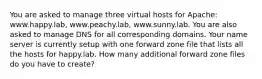 You are asked to manage three virtual hosts for Apache: www.happy.lab, www.peachy.lab, www.sunny.lab. You are also asked to manage DNS for all corresponding domains. Your name server is currently setup with one forward zone file that lists all the hosts for happy.lab. How many additional forward zone files do you have to create?