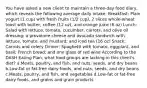 You have asked a new client to maintain a three-day food diary, which reveals the following average daily intake: Breakfast: Plain yogurt (1 cup) with fresh fruits (1/2 cup), 2 slices whole-wheat toast with butter, coffee (12 oz), and orange juice (6 oz) Lunch: Salad with lettuce, tomato, cucumber, carrots, and olive oil dressing; a provolone cheese and avocado sandwich with lettuce, tomato, and mustard; and iced tea (16 oz) Snack: Carrots and celery Dinner: Spaghetti with tomato, eggplant, and basil; French bread; and one glass of red wine According to the DASH Eating Plan, what food groups are lacking in this client's diet? a.Meats, poultry, and fish, and nuts, seeds, and dry beans b.Low-fat or fat-free dairy foods, and nuts, seeds, and dry beans c.Meats, poultry, and fish, and vegetables d.Low-fat or fat-free dairy foods, and grains and grain products