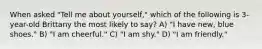 When asked "Tell me about yourself," which of the following is 3-year-old Brittany the most likely to say? A) "I have new, blue shoes." B) "I am cheerful." C) "I am shy." D) "I am friendly."