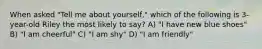 When asked "Tell me about yourself," which of the following is 3-year-old Riley the most likely to say? A) "I have new blue shoes" B) "I am cheerful" C) "I am shy" D) "I am friendly"