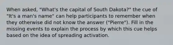 When asked, "What's the capital of South Dakota?" the cue of "It's a man's name" can help participants to remember when they otherwise did not know the answer ("Pierre"). Fill in the missing events to explain the process by which this cue helps based on the idea of spreading activation.