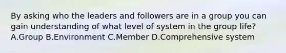 By asking who the leaders and followers are in a group you can gain understanding of what level of system in the group life? A.Group B.Environment C.Member D.Comprehensive system