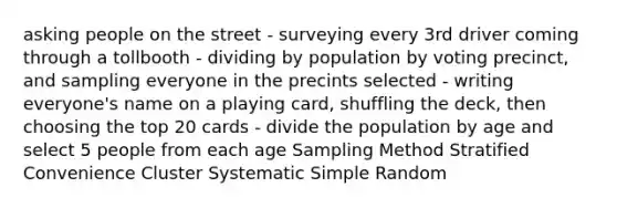 asking people on the street - surveying every 3rd driver coming through a tollbooth - dividing by population by voting precinct, and sampling everyone in the precints selected - writing everyone's name on a playing card, shuffling the deck, then choosing the top 20 cards - divide the population by age and select 5 people from each age Sampling Method Stratified Convenience Cluster Systematic Simple Random