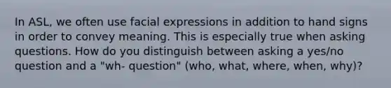 In ASL, we often use facial expressions in addition to hand signs in order to convey meaning. This is especially true when asking questions. How do you distinguish between asking a yes/no question and a "wh- question" (who, what, where, when, why)?