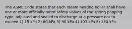 The ASME Code states that each steam heating boiler shall have one or more officially rated safety valves of the spring popping type, adjusted and sealed to discharge at a pressure not to exceed 1) 15 kPa 2) 80 kPa 3) 90 kPa 4) 103 kPa 5) 150 kPa