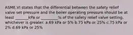 ASME.VI states that the differential between the safety relief valve set pressure and the boiler operating pressure should be at least _______kPa or _________% of the safety relief valve setting, whichever is greater. a.69 kPa or 5% b.75 kPa or 25% c.75 kPa or 2% d.69 kPa or 25%